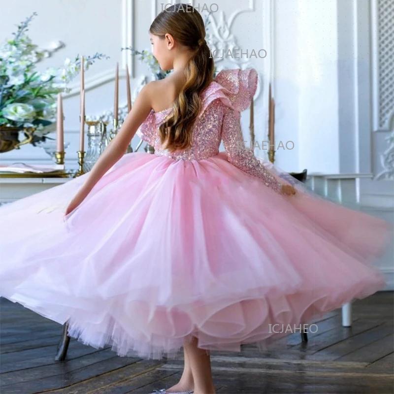 Robe de princesse pour filles 2026, robe de mariée à fleurs, robe de demoiselle d'honneur asymétriqu