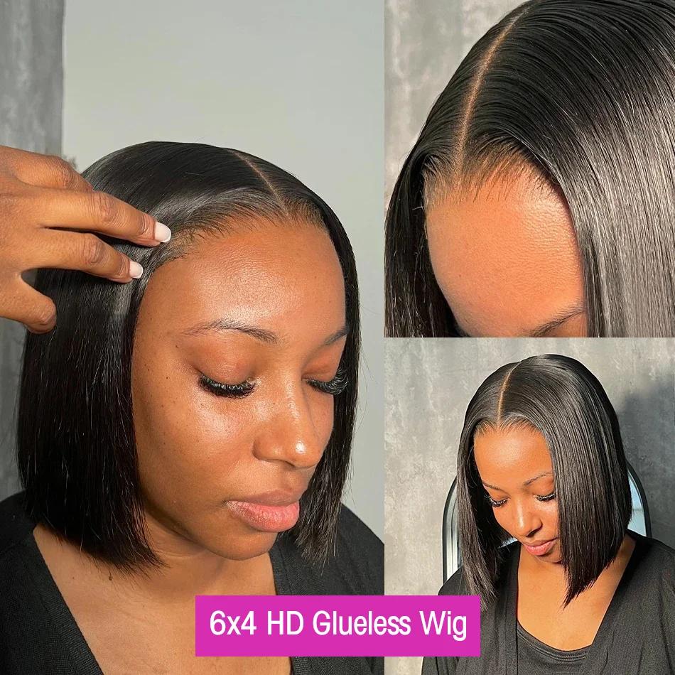 Perruque Bob Lace Closure Wig sans colle naturelle, cheveux courts, pre-à-porter, 13x4 HD, 6x4, tran