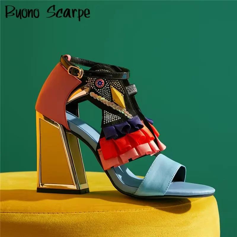 Sandales à Talons Épais et Strass pour Femme, Chaussures d'Été Assorties avec Ceinture, Nouvelle Col