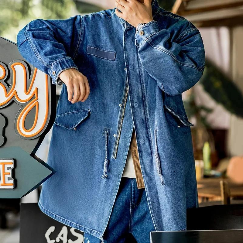 Maden-Coupe-vent mi-long en denim pour homme, pardessus décontracté, vestes en queue de poisson, pro