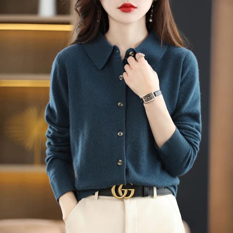 Cardigan tricoté à col POLO pour femmes, basique, polyvalent, veste en laine filée, élégant, pull à