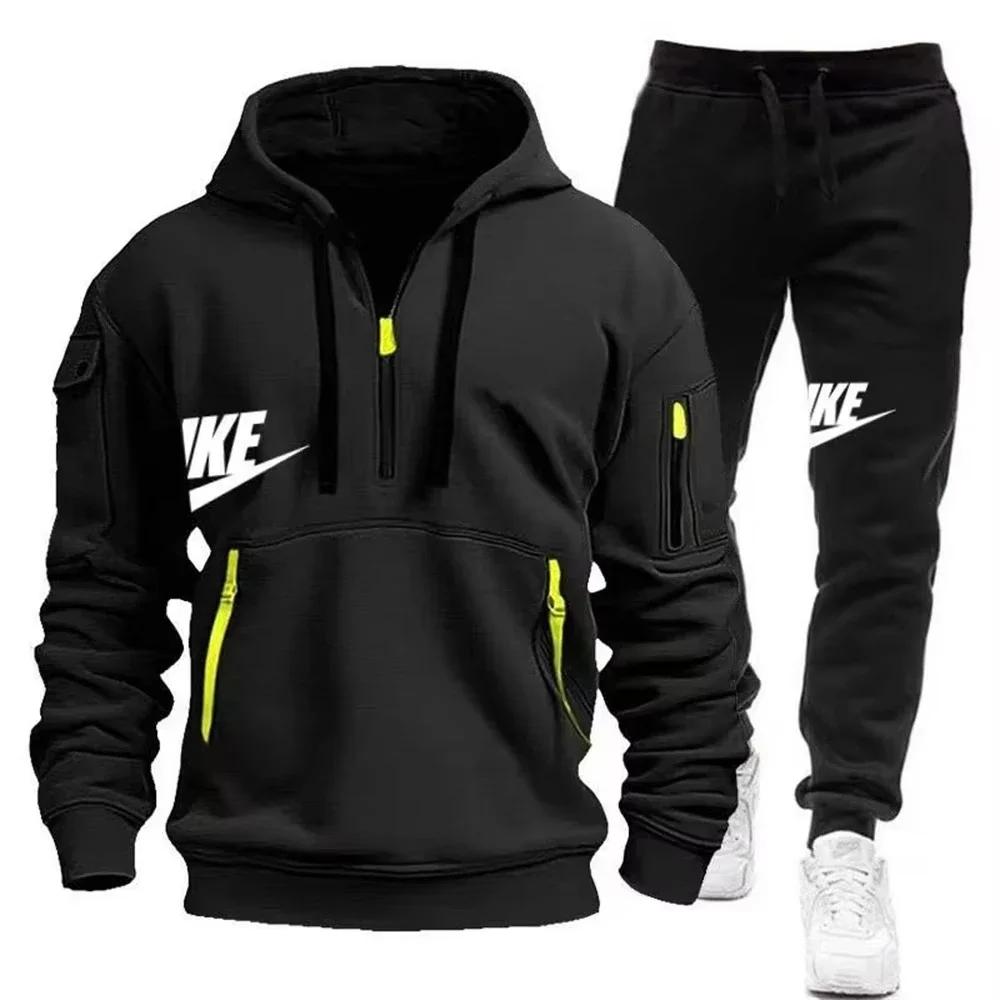 Nouveau costume d'automne et d'hiver pour hommes, sweat à capuche avec fermeture éclair + pantalon,