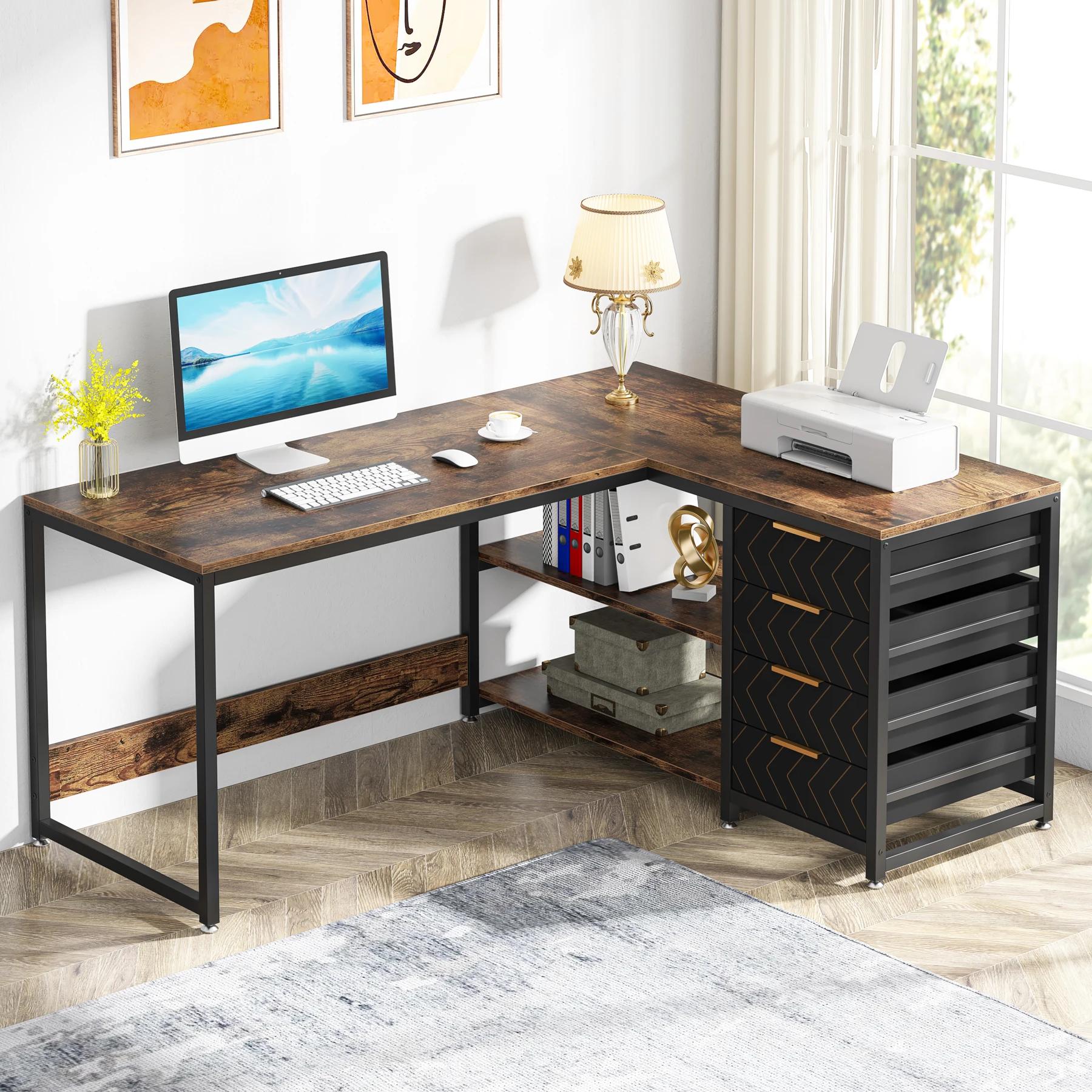Tribesigns Bureau d'ordinateur en forme de L avec tiroirs de rangement, bureau d'angle de 59 pouces