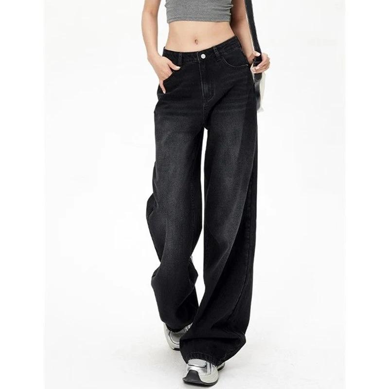 Jean taille haute rétro noir gris pour femme, pantalon en Denim à jambes droites, coupe ample, fin,