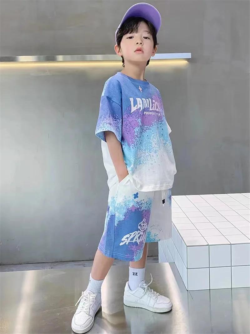 Ensemble ample et décontracté pour garçons, T-shirt + Short dégradé, 2 pièces, vêtements de Sport à