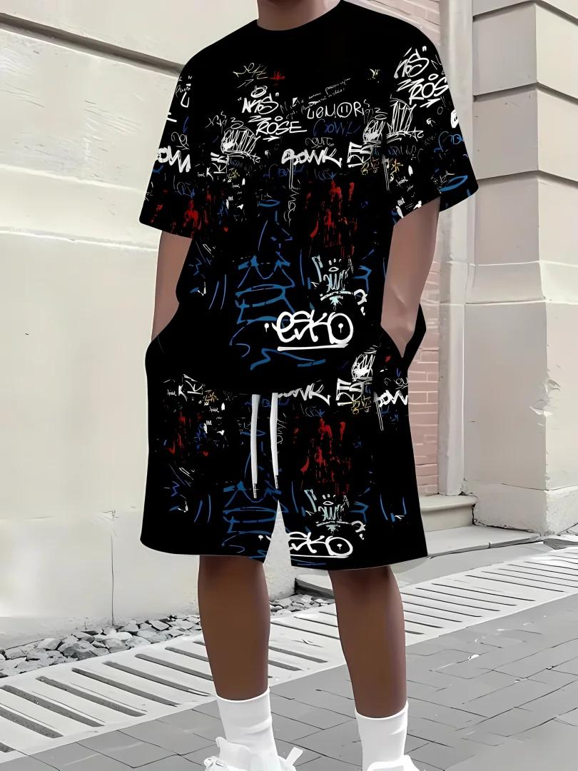 Ensemble short à manches courtes pour hommes, respirant et décontracté, imprimé en 3D, haut de rue u