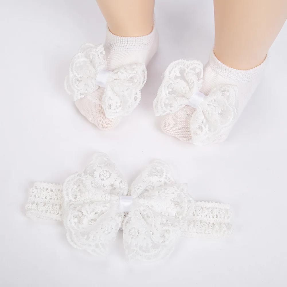 3 pièces/ensemble crème dentelle bébé bandeaux et chaussettes nouveau-né princesse filles large stra