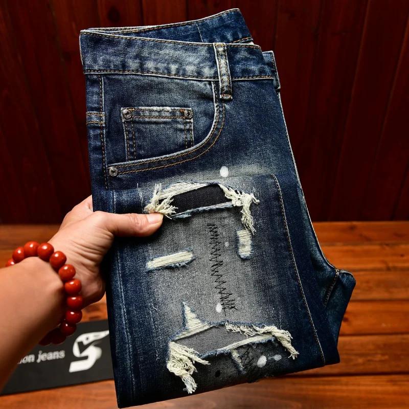 Jean nostalgique haut de gamme pour hommes, coupe slim avec petits trous, patchs grattés, tendance d