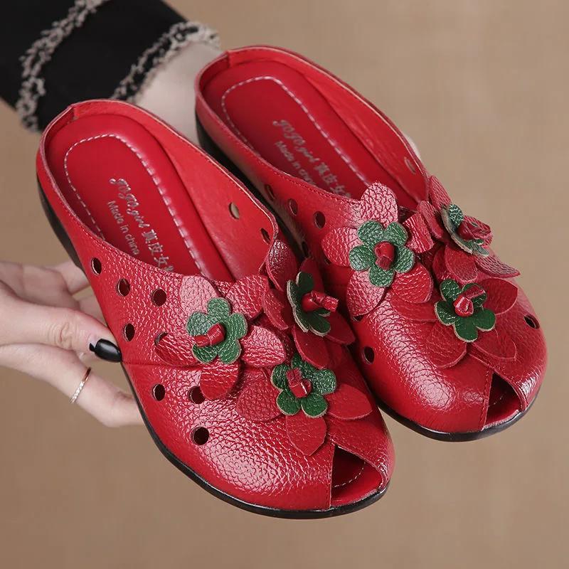 Mode d'été femmes sandales à talons plats mode en cuir véritable à la main fleur femmes sandales à t