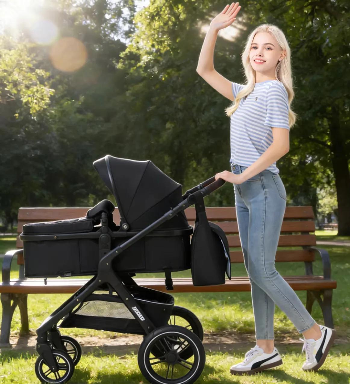 Poussette 3-en-1 pour bébé, poignée réversible, pliage en une seule étape, cadre en aluminium, ensem