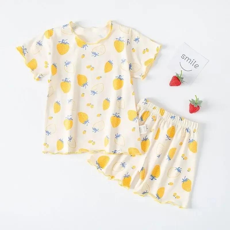 Ensemble pyjama d'été pour filles, imprimé fraises, short et t-shirt pêches roses, vêtements d'intér