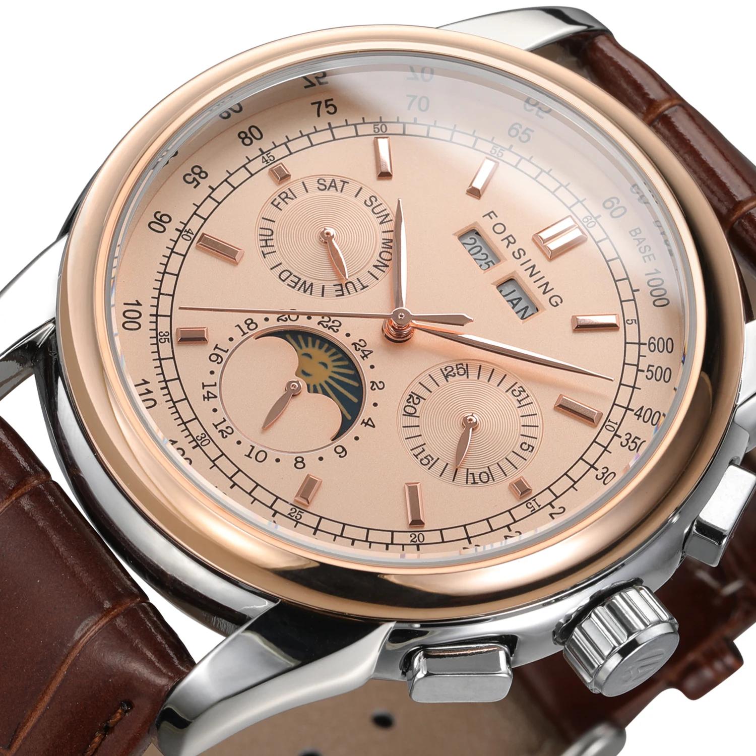 Forsining rétro montres mécaniques Phase de lune mouvement Shanghai boîtier en or Rose bracelet en c