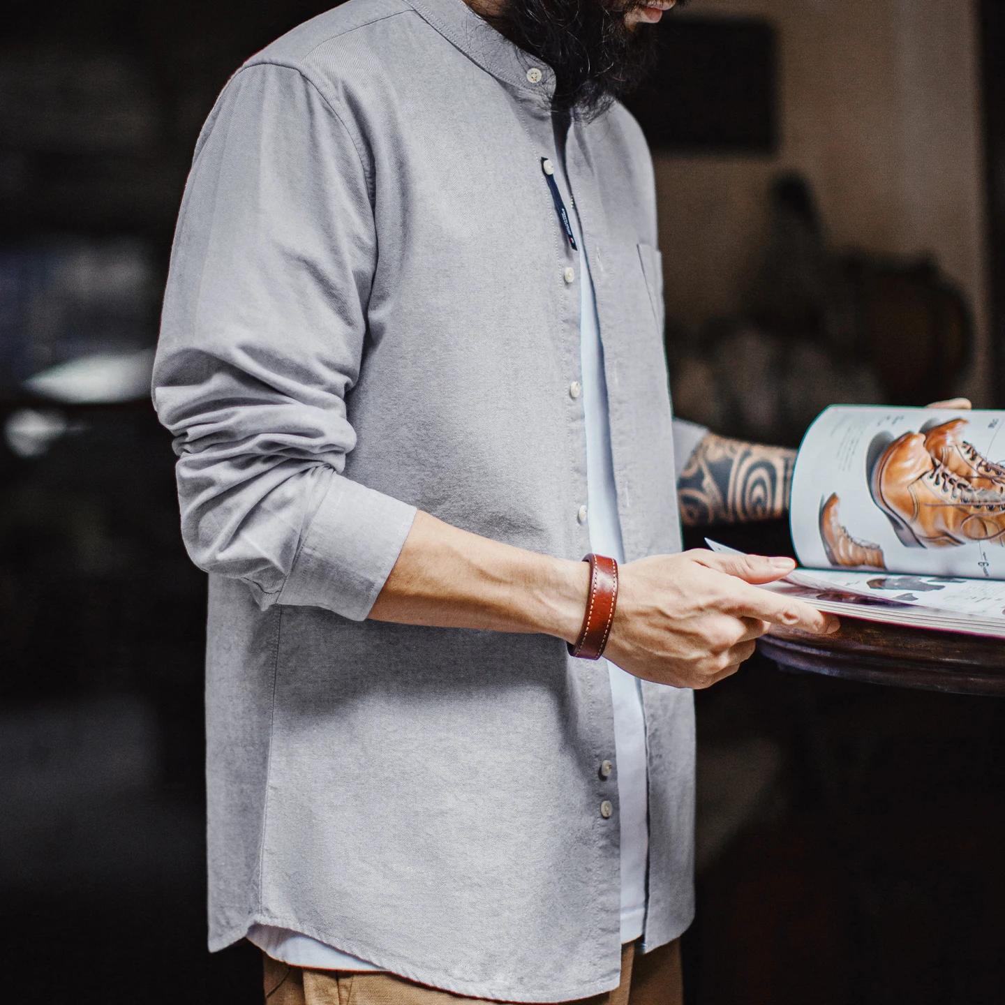 Chemise en coton Oxford à col rond pour homme Maden, manches longues, décontractée, unie, à simple b