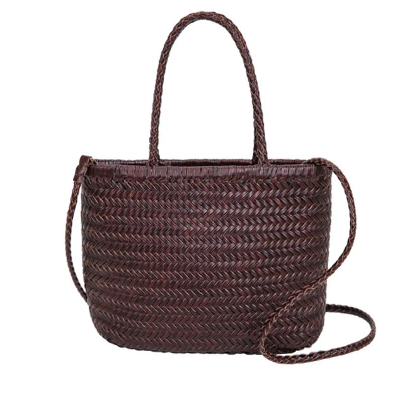 Sac à poignée supérieure tissé en cuir de vache pour femme, sacoche décontractée en tricot tressé, V