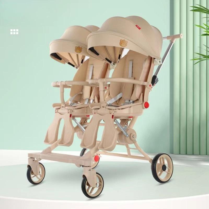 Poussette double réversible Cadre 4WD en acier au carbone avec auvent UV, landau pliable à une m
