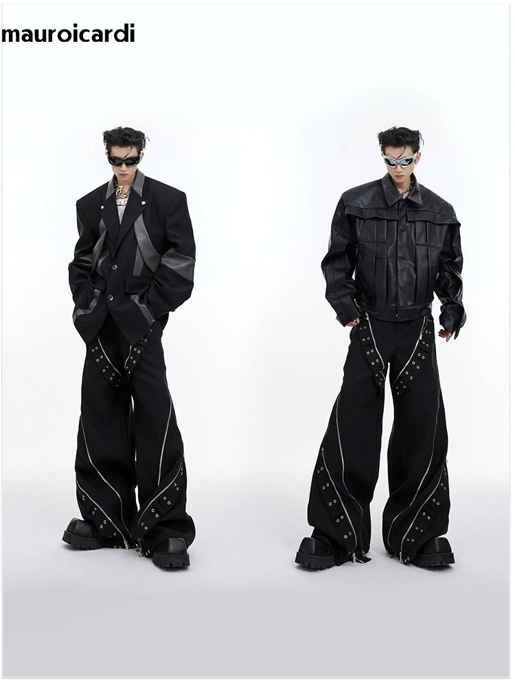 Mauroicardi-Pantalon Baggy à Jambes Larges pour Homme, Streetwear Cool, Long, Noir, Flowy, Vêtements