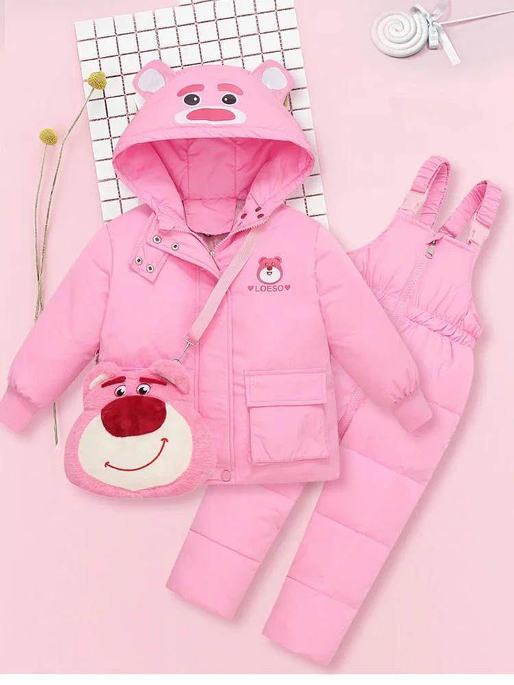 Doudoune à capuche ours dessin animé pour enfants, ensemble de vêtements pour filles, salopette pour