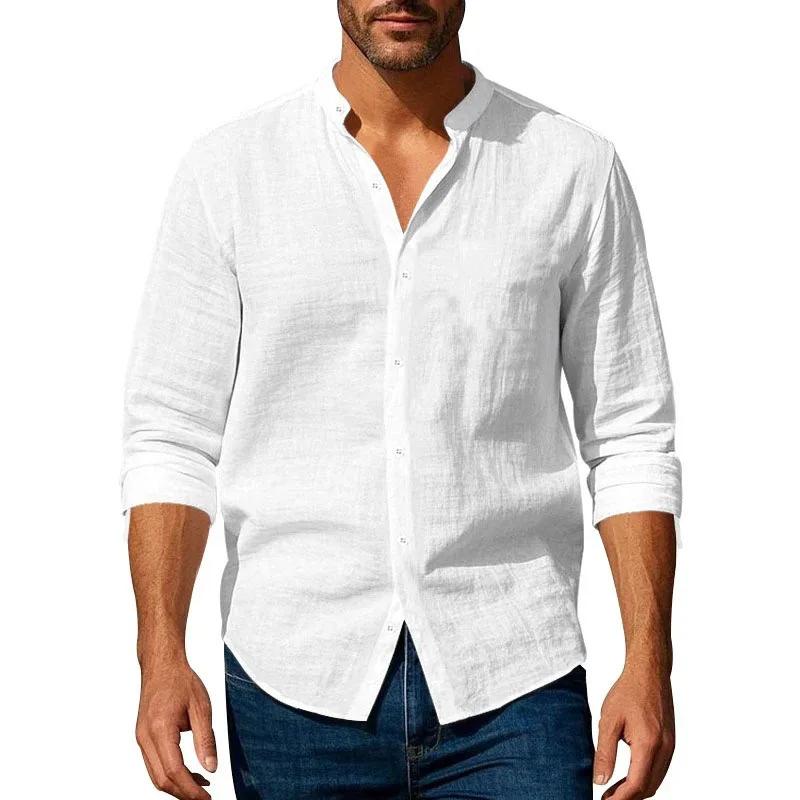 Chemise en coton et lin pour hommes, col Henley, couleur unie, légère, respirante, coupe cintrée, si