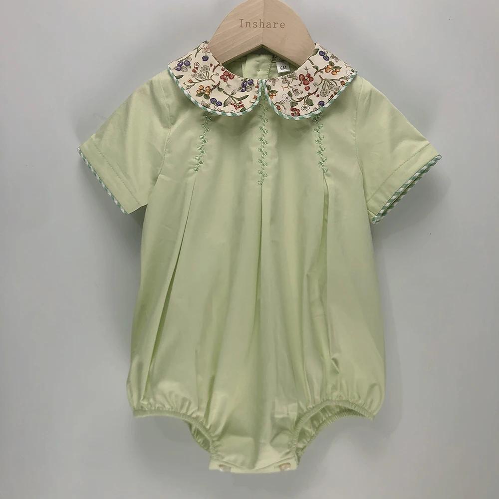 Vêtements de Boutique pour Enfant, Barboteuse à Manches Courtes en Coton Vert, Imprimé Floral, Col à