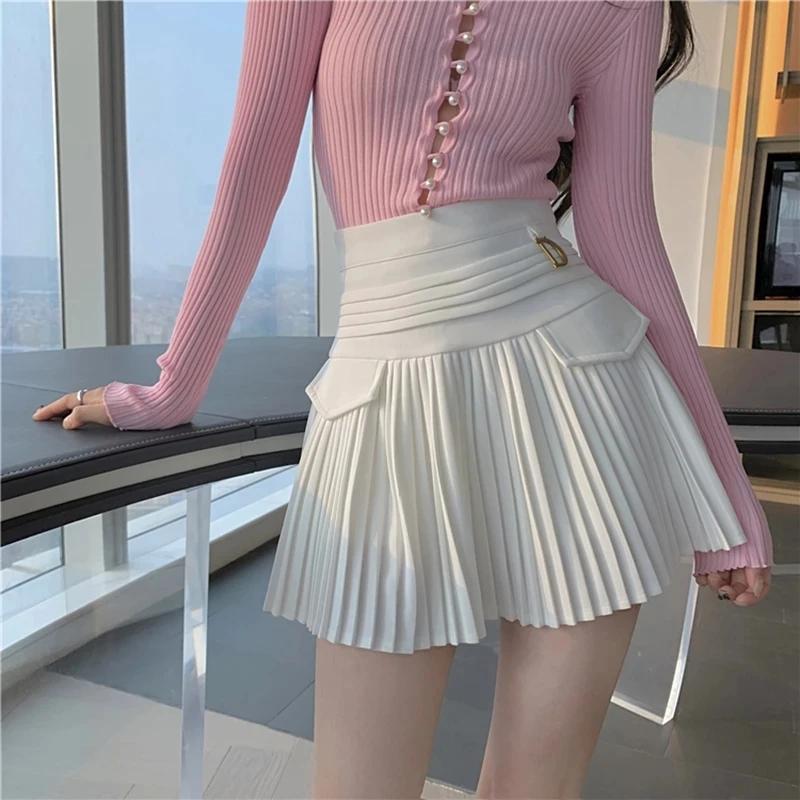 Zwarte Geplooide Rokken Vrouwen Hoge Taille Mini Rok métal lettre D Ontwerp a-lijn Clubwear Koreaans