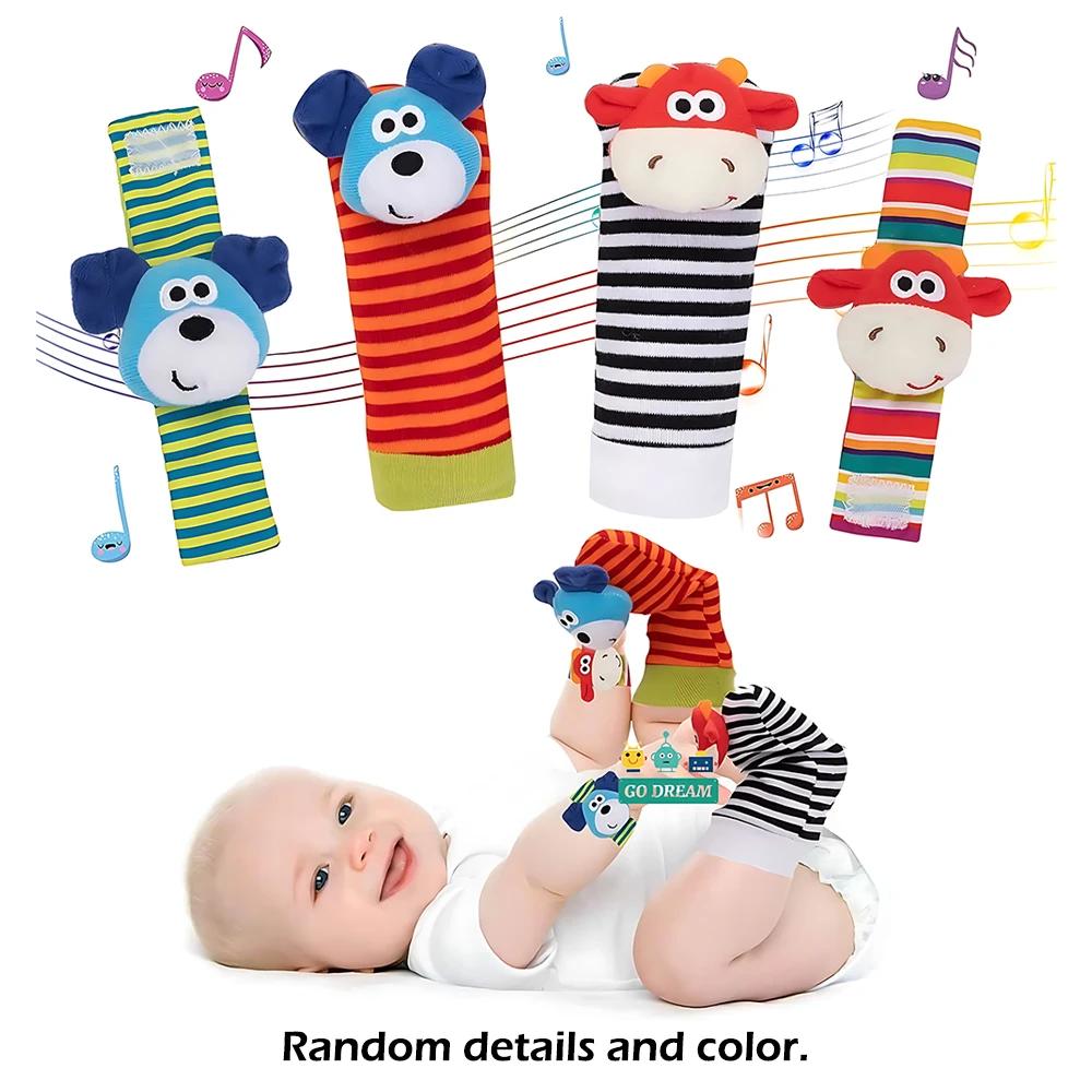 Hochet pour bébé de 0 à 24 mois, 4 pièces, animaux en peluche mignons, hochet de poignet, chaussette