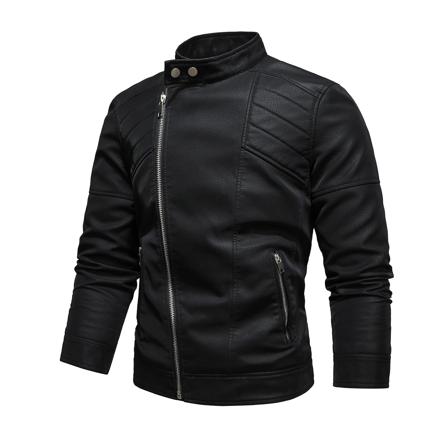 Veste en cuir PU pour hommes, avec polaire, grand revers, fermeture éclair diagonale sur le devant,