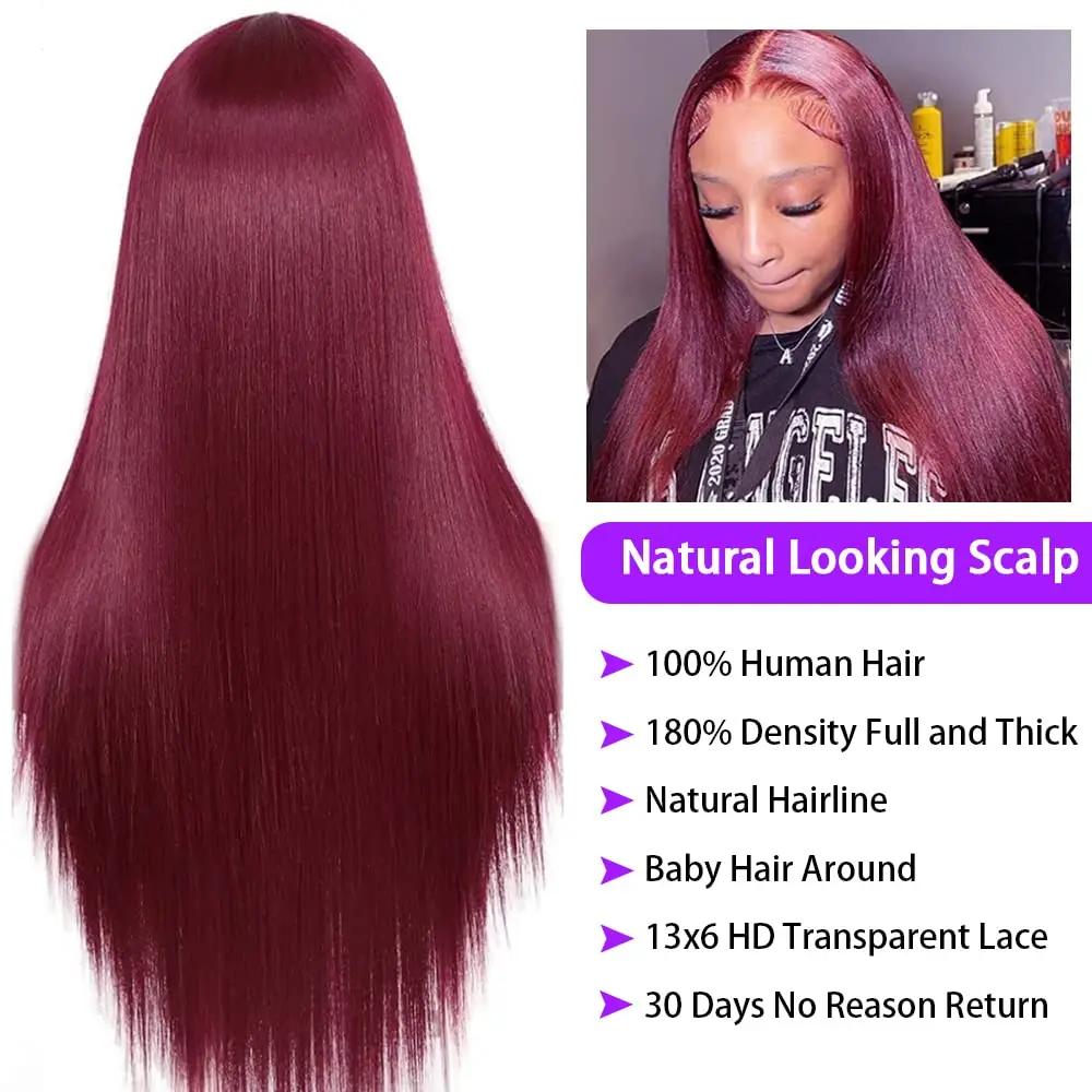 Perruque Lace Front Wig sans colle naturelle, cheveux lisses, bordeaux, HD, 5x5, 13x4, 13x6, pre-plu