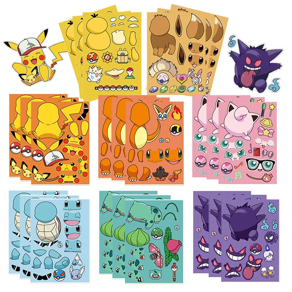 8/16 feuilles Pokemon Anime Pikachu Gengar Puzzle autocollants faire un visage enfants dessin animé
