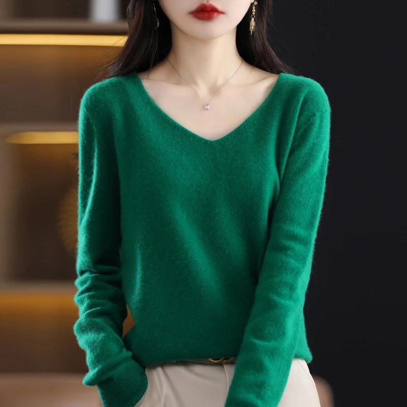 Pull en cachemire à col en V pour femme, 100% laine mérinos, pull basique, manches longues, tricots