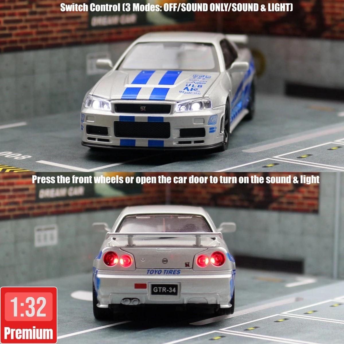 Nissan Skyline GTR R34 JDM, modèle de voiture jouet moulé sous pression, Miniature, son et lumière,