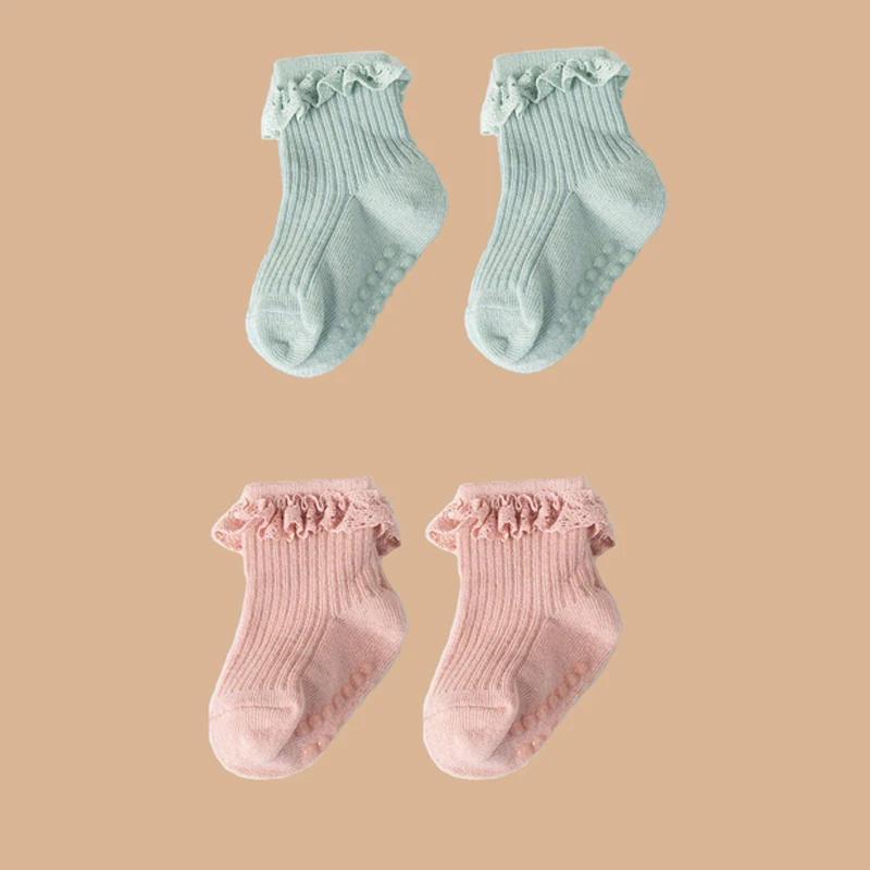 Lot de 2 paires de chaussettes en dentelle de couleur unie pour bébé fille de 0 à 6 mois, accessoire