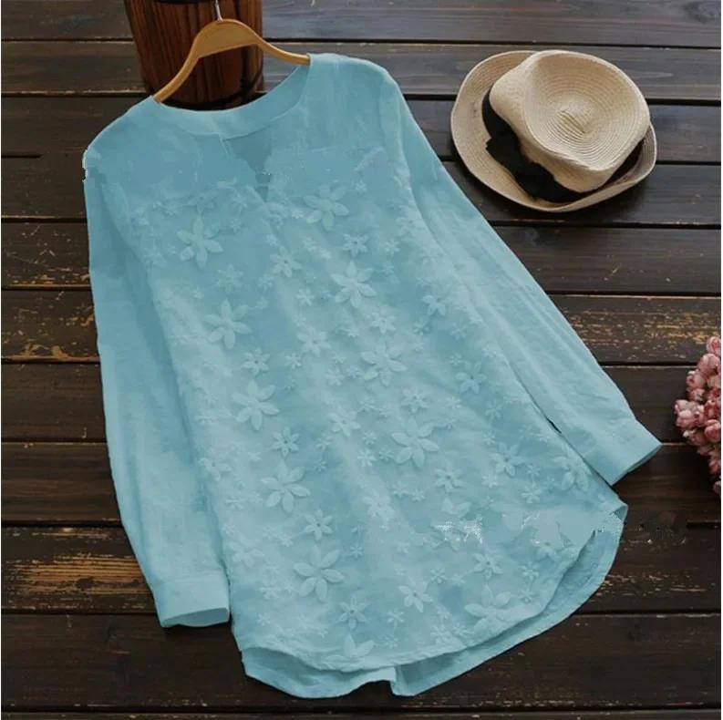 Chemisier en coton et lin brodé pour femmes, décontracté, mode, ample, blanc, chemise élégante, gran