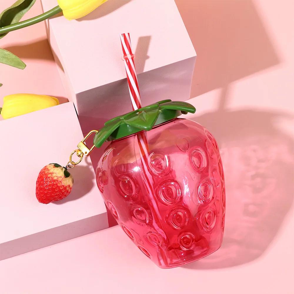 Tasse de paille de fraise 500ml, 1 pièce, dessin animé mignon d'été, qualité alimentaire PP, large A