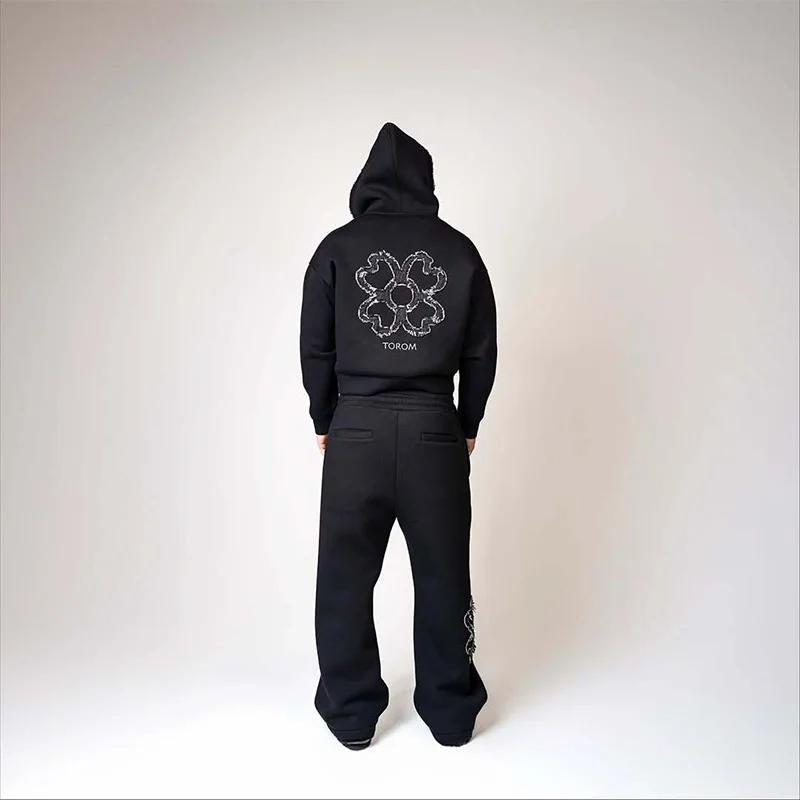 Ensemble survêtement homme printemps-automne, sweat à capuche zippé avec applique trèfle à quatre fe