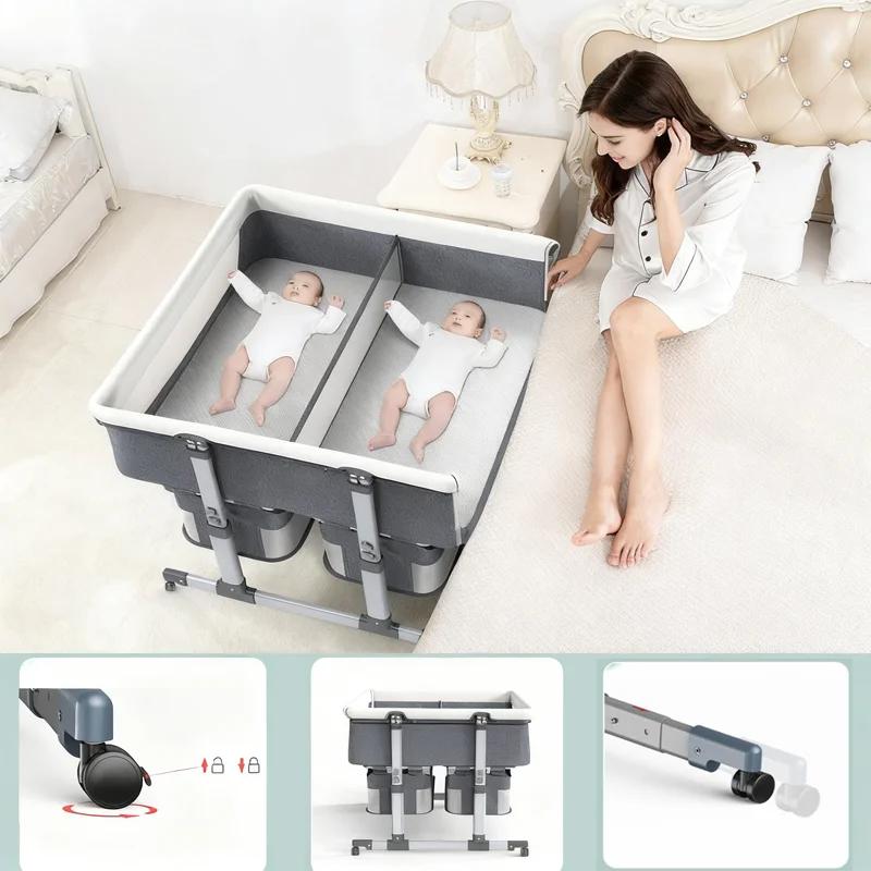 Berceau jumeaux, berceau dormeur, berceau pour bébé à hauteur réglable avec roulettes et maille à fl