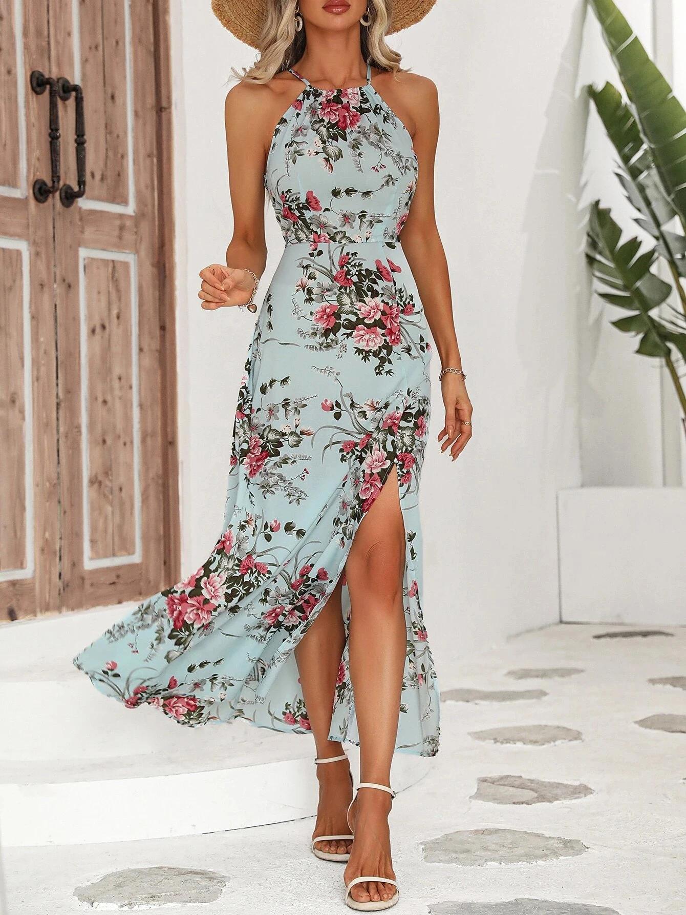 Robe dos nu pour femmes, imprimé Floral, fente haute, cuisses, été, sans manches, Sexy, moulante, pl