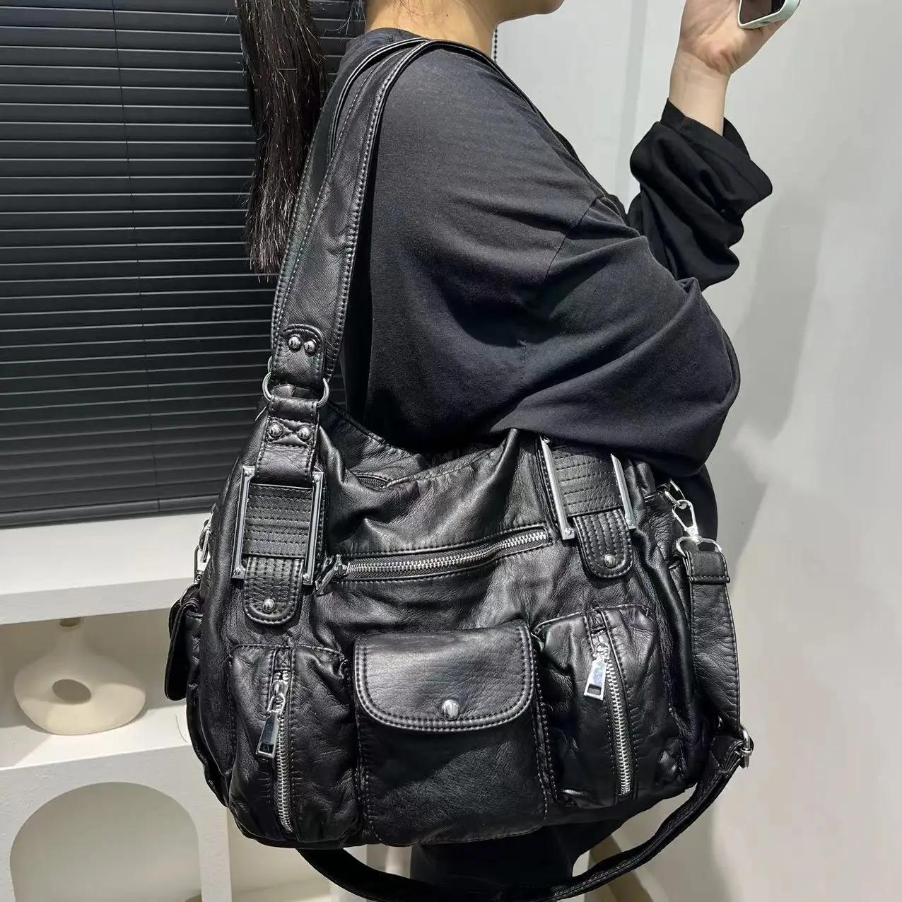 Sac de moto Y2K pour femmes, sac à bandoulière multi-poches à motif de vieille litchi