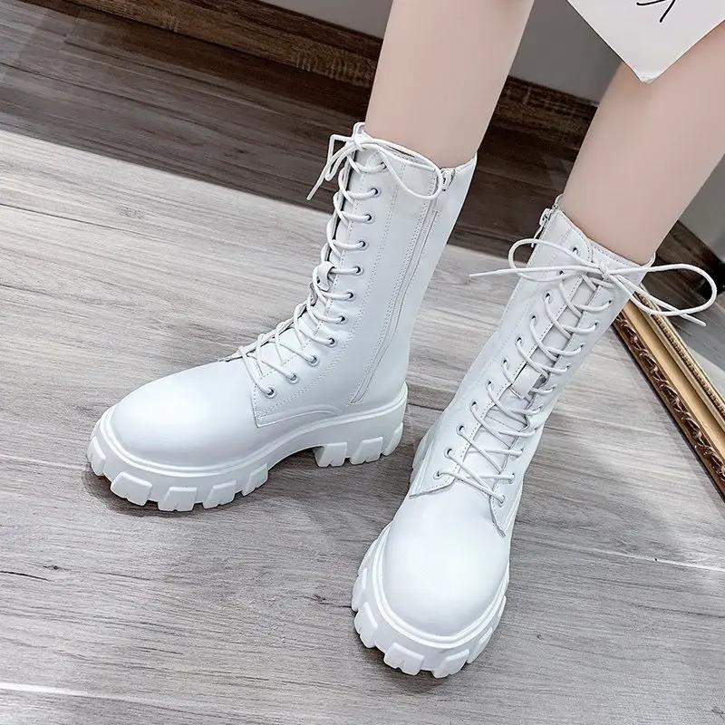Nouveau mi-mollet bottes femmes automne hiver mode à lacets dames bottes plate-forme à glissière sem