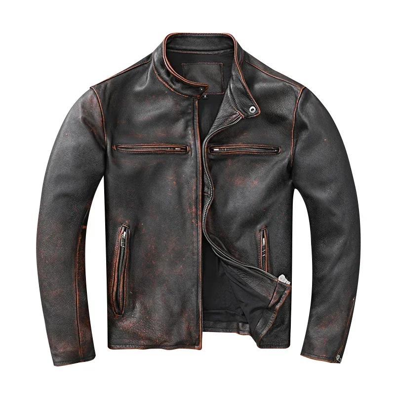 Blouson en cuir homme, court et slim, vintage, rouge, marron, automne