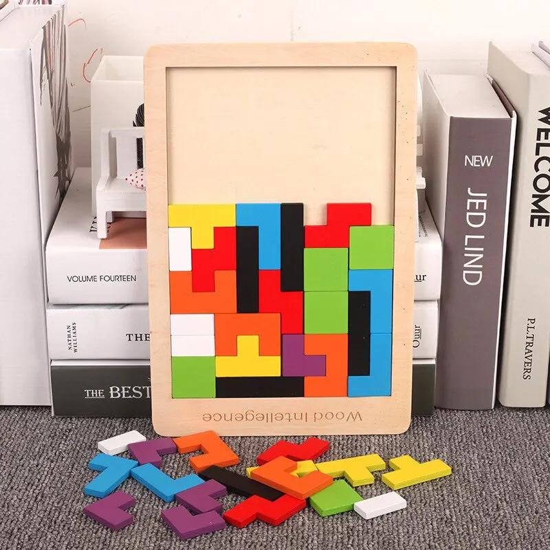 Blocs en bois Puzzle casse-tête jouet Tangram Puzzle Intelligence coloré 3D blocs russes Montessori