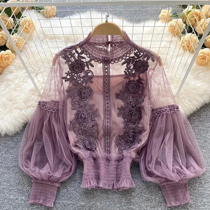 Dentelle bouffée à manches longues Blouse Vintage mode Blouses élégant Femme Blusas coréen Femme hau