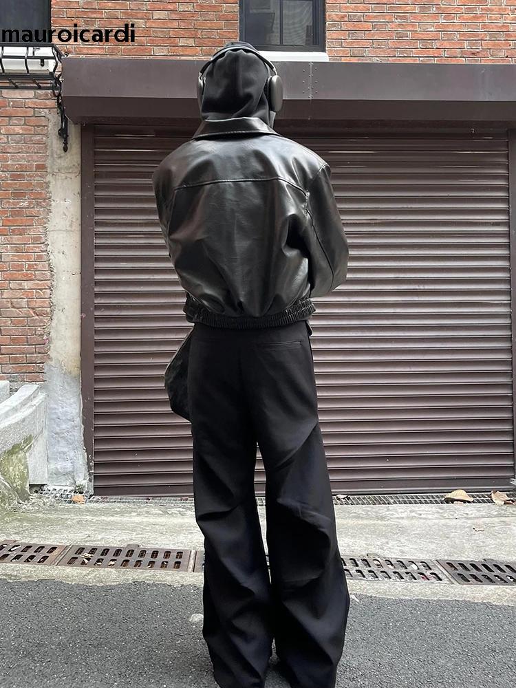Mauroicardi printemps automne Cool surdimensionné court noir doux Pu veste en cuir hommes fermeture