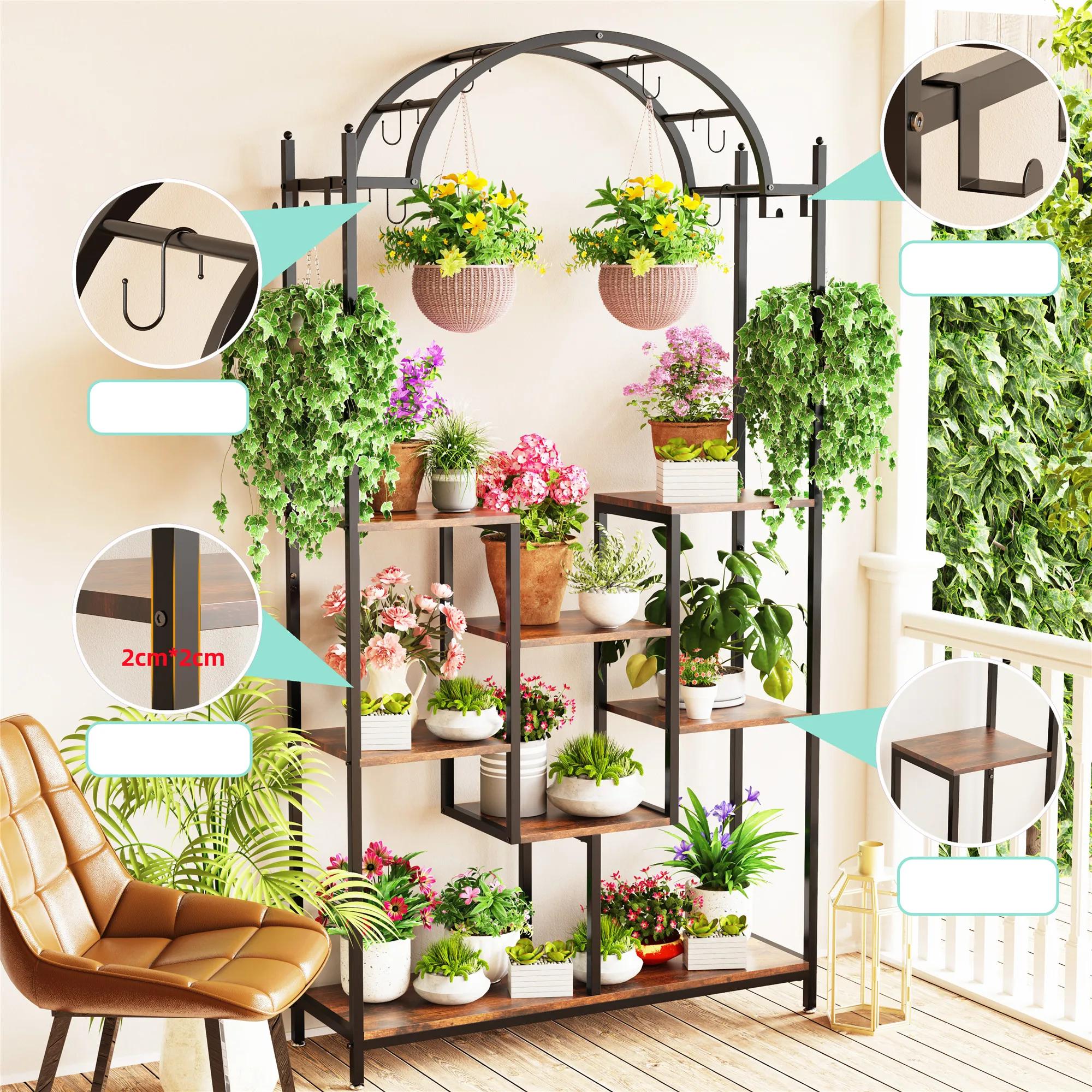 Grand support pour plantes d'intérieur à 5 niveaux, étagère à fleurs en métal arqué avec crochets de