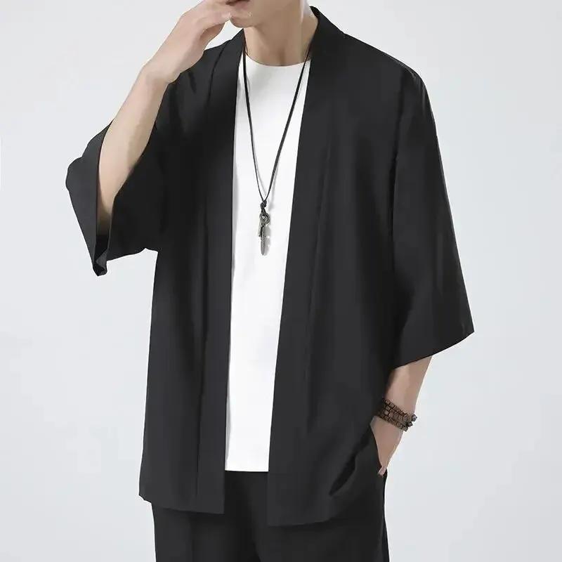 Chemise Kimono Japonais Décontractée pour Homme, Point Ouvert, observateur, Cardigan Noir à Manches