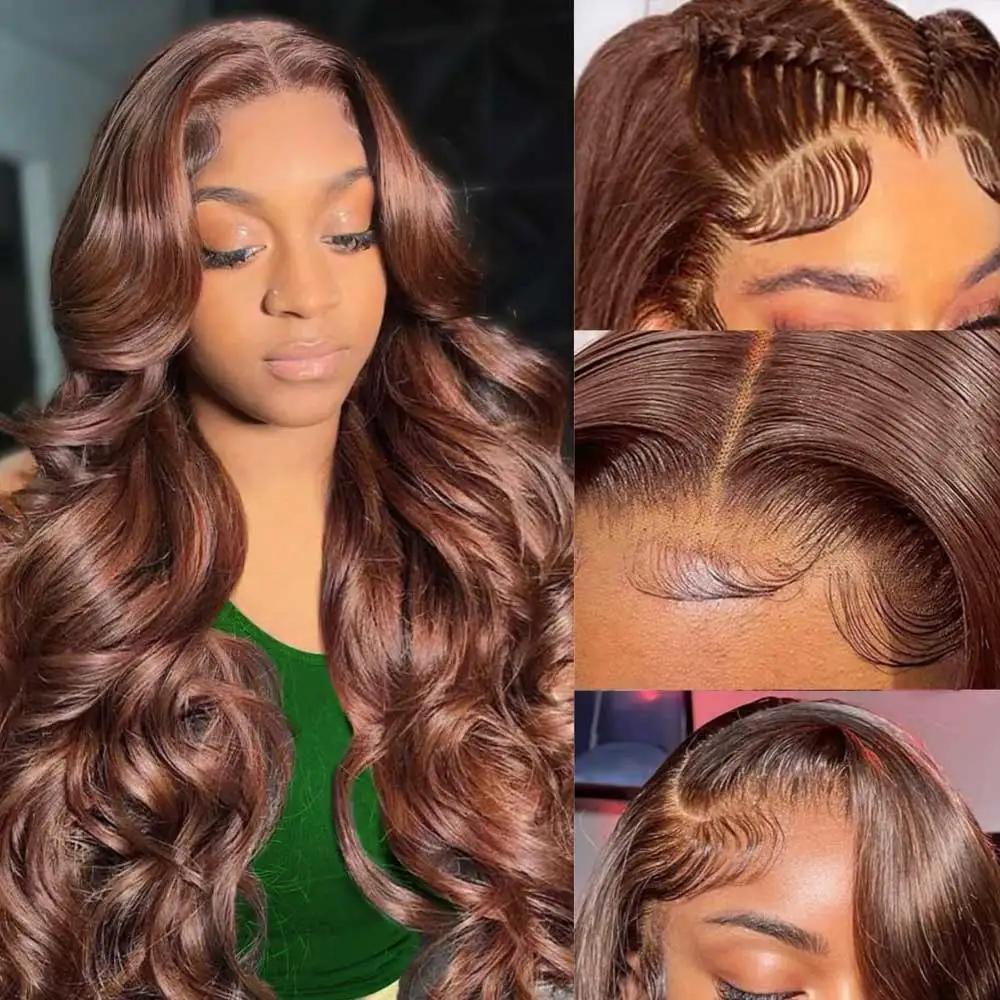 Perruques de cheveux humains de vague de corps brun chocolat 13X4 HD perruques frontales de dentelle