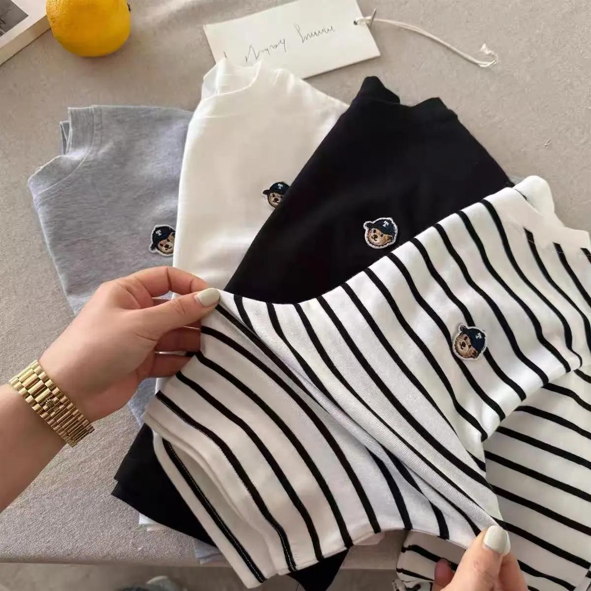 T-shirt à manches longues pour enfants, chemise de base respirante en pur coton, chemise de base ray