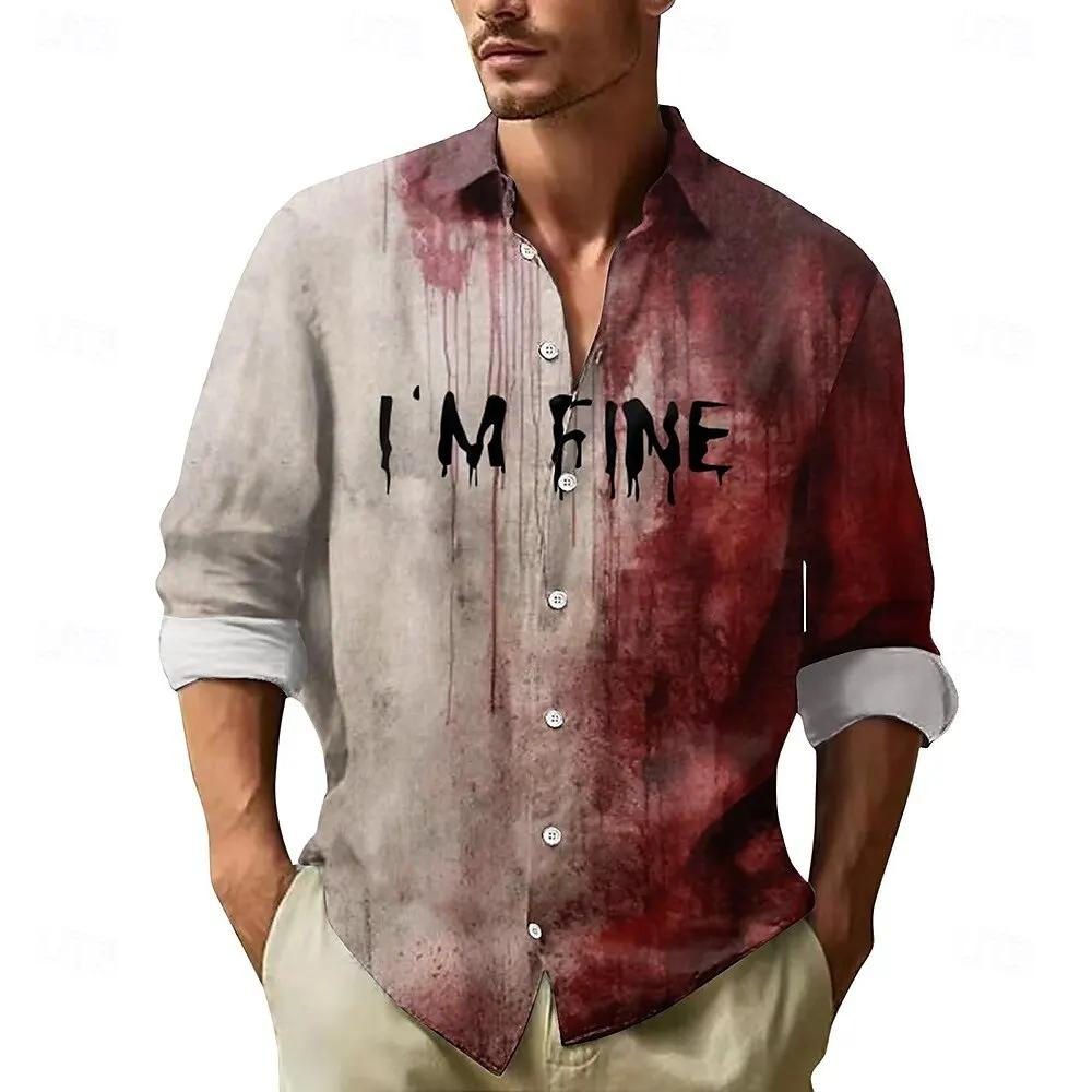 2025 Halloween hommes lettre imprimée taches de sang chemise boutonnée chemise à manches longues fon