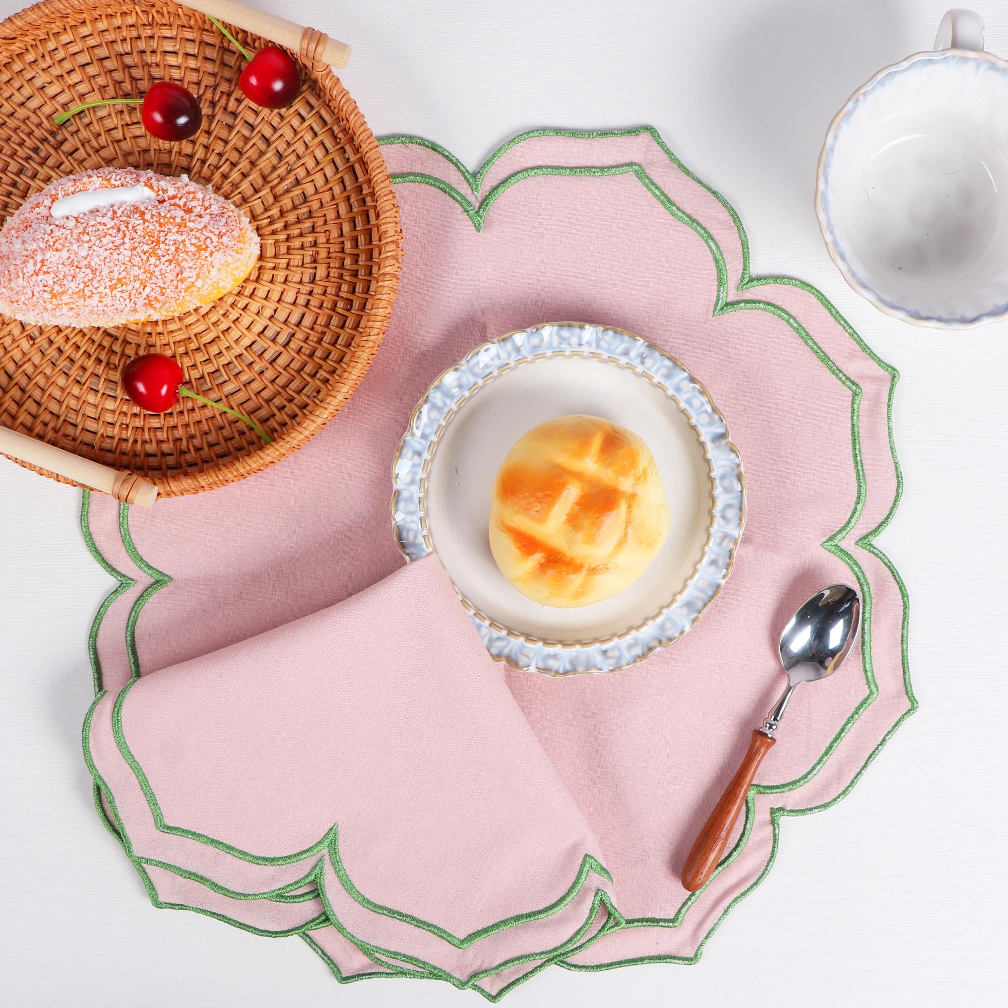 Serviettes à bord brodé en forme de Lotus, 4 pièces/ensemble, napperons épais en pur coton respirant