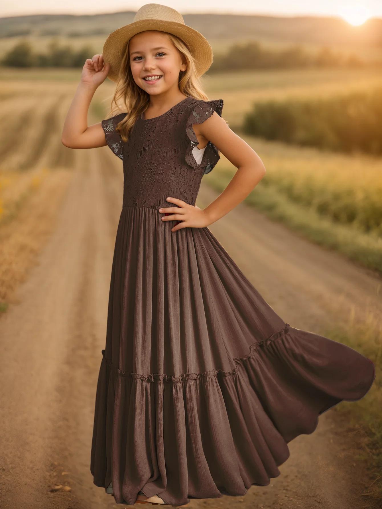 Robe de soirée dentelle bohême pour filles 3-14 ans - Robe princesse fleurie pour mariage et cérémonie