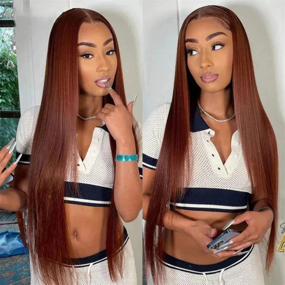 Perruque Lace Closure Wig Brésilienne Naturelle, Cheveux Lisses, Brun Rousse, Auburn, Cuivre, 4x4, D